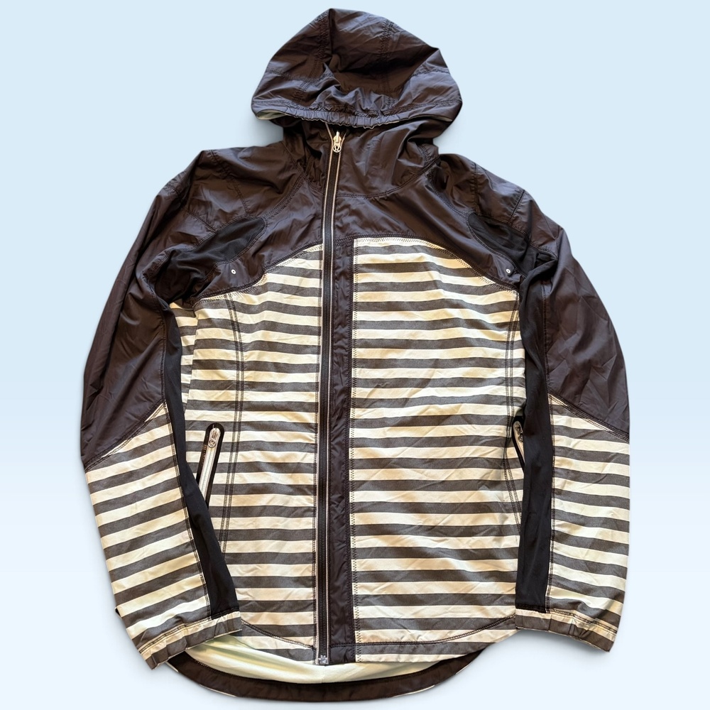 Lululemon Jacket Womens 8 Green Striped Hooded Windbreaker Full Zip Pockets